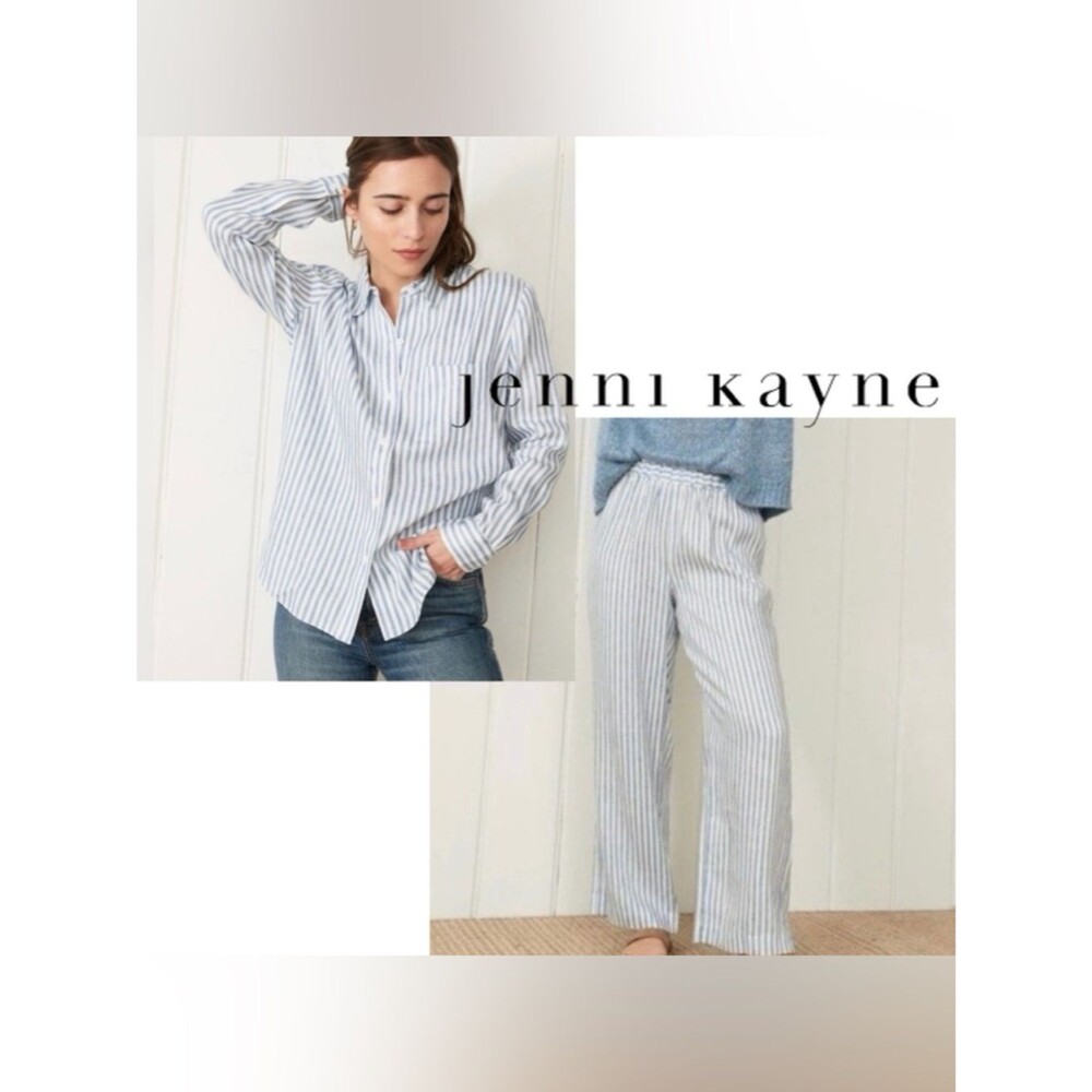 Jenni Kayne Linen Striped Pajama Lounge Set Boyfriend Shirt Coastal and Pants